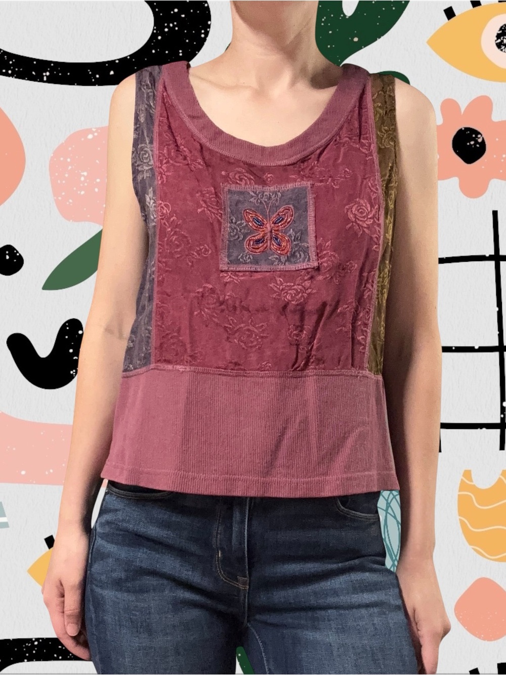 Surya | Vintage Y2K Boho Colorblock Floral Embroidered Tank Top
